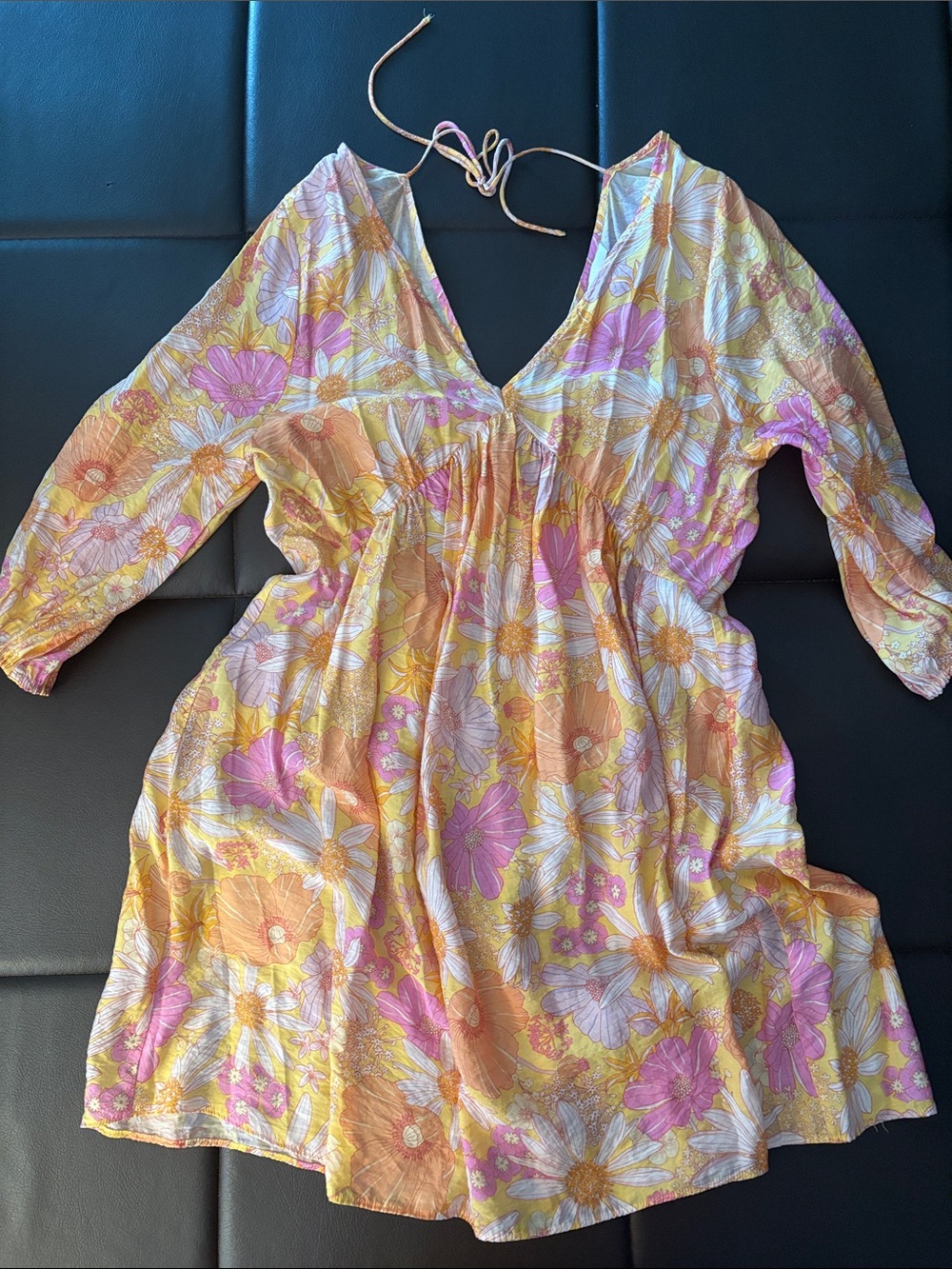 Zara Flower V-Neck Boho Tunic Dress — Pink & Yellow Daisy Print